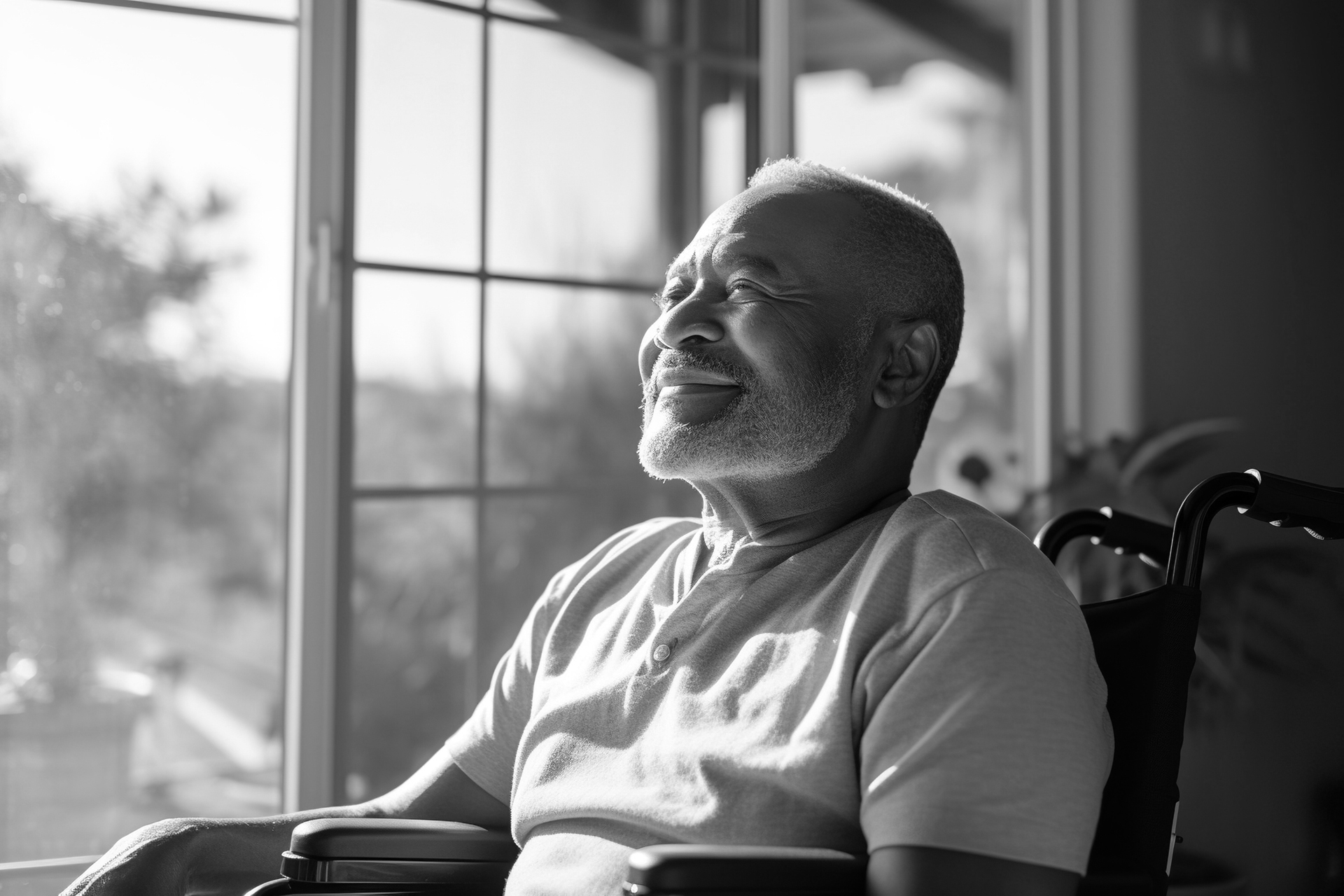 A senior retired African American man at home, sitting in a wheelchair looking out of a window on a sunny day